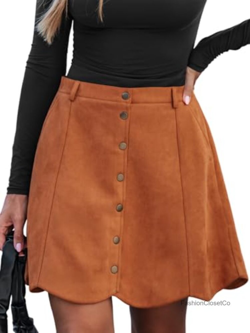Women's Suede Button Front A-Line Mini Skirt with Pockets